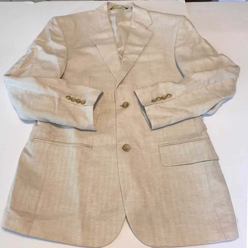 Cubavera Men Beige Herringbone Linen Blend Two Button Blazer Jacket Sport Coat L